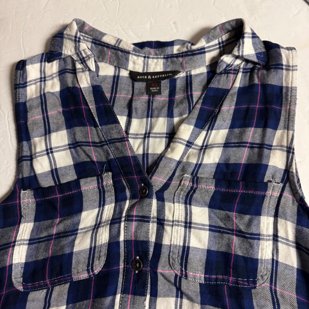Rock & Republic Womens Blue Plaid Ombre Sleeveless Button Down Shirt XS Rayon‎